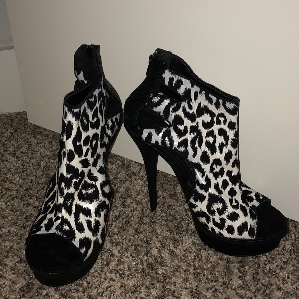 Black and white animal print heels with cut outs